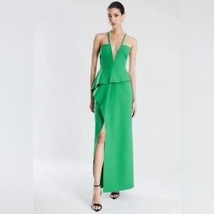 BCBGMAXAZRIA Daphne Peplum Crepe Evening Gown Malachite Green Womens Size 6